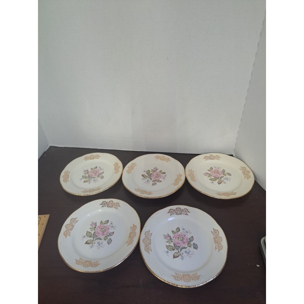 Set Of 5 Vintage 1930s-1950s Homer Laughlin Queen Esther Pink Rose With Gold...